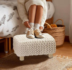 COTTON CRAFT Braided Footrest - Handknitted Dori Foot Stool with Sturdy Wood Legs – Handmade Boho Leg Rest - Small Spaces Under Desk Living Room Entryway Low Footstool Pouf - 16.5x12x9.5 - Ivory