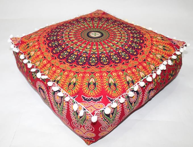 CRAFT KALA Red Peacock Large Hippie Mandala Meditation Floor Ottoman Pillow Cushion Pouf Cover Square Poufs Bohemian Circle Floor Cushion Case Outdoor Fireplace Yoga Living Room Decor Cover 24" Square