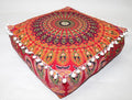 CRAFT KALA Red Peacock Large Hippie Mandala Meditation Floor Ottoman Pillow Cushion Pouf Cover Square Poufs Bohemian Circle Floor Cushion Case Outdoor Fireplace Yoga Living Room Decor Cover 24" Square