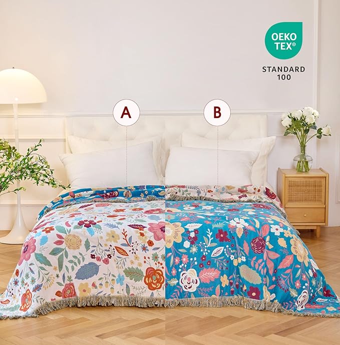 Boho Throw Blanket - 100% Cotton Soft Breathable Spring Throw Blankets, 60"x80" 4-Layer Lightweight Muslin Cotton Quilt, Floral Printed Bohemian Decor Throw Blankets for All Season
