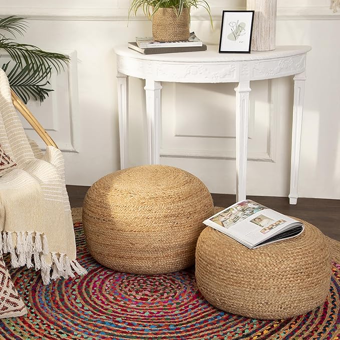 REDEARTH · Jute Circular Low Pouf Ottoman - Braided Pouffe Accent Sitting Round Footrest for Living Room, Bedroom, Nursery, kidsroom, Patio, Gym; 100% Jute Set of 2 (18"X18"X10"; Natural)
