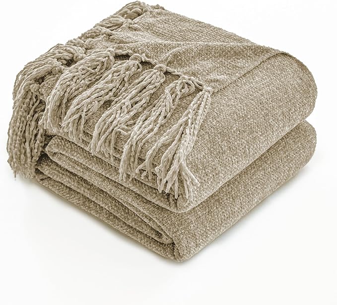 Simple&Opulence Soft Chenille Throw Blanket 50'' x 60'' - Cozy Fluffy Blanket with Fringe Tassel, Farmhouse Boho Blankets for Couch Bed Office Chair Gift Home Decor All Season Use, Khaki