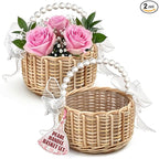 Small Flower Girl Baskets Set of 2 - Easter Basket Small Wicker Basket with Handle of Pearl, Bows & Waterproof Lining for Wedding Flowers, Sweets, Gifts and Home Decor - Lightweight & Multifunctional