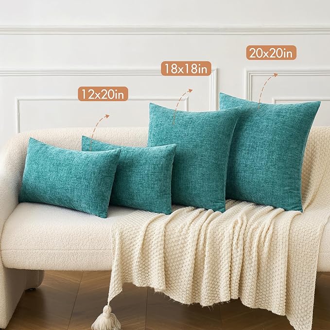 MIULEE Pack of 2 Couch Throw Pillow Covers 24x24 Inch Soft Teal Chenille Pillow Covers for Sofa Living Room Solid Dyed Pillow Cases