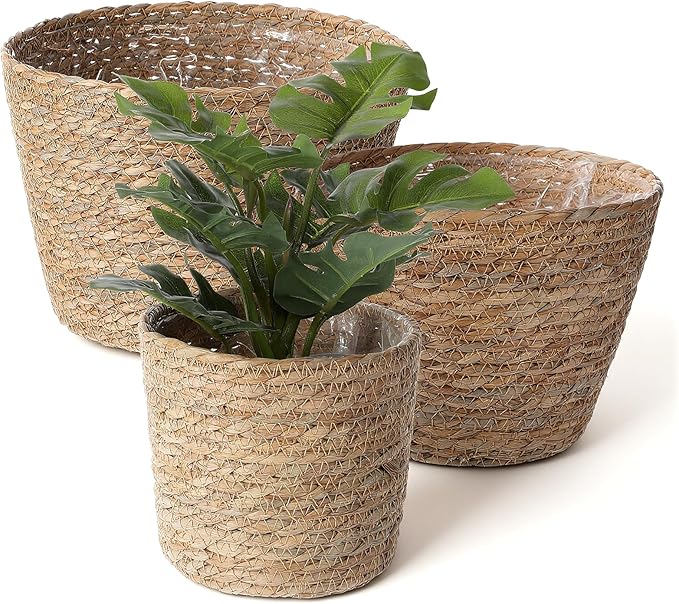 simarro 3 Pack Seagrass Planter Basket, 3 Sizes Stylish Plant Containers Flower Pots with Plastic Lining Woven Baskets for Plants Indoor and Outdoor