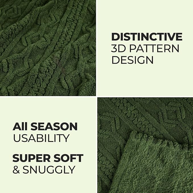 Superior Fleece Boho Jacquard Blanket, Decorative Blankets for Bedroom, Sofa, Fuzzy, Plush, Fluffy, Soft, Cute Room Decor, Beautiful Cover, Comfort Essentials, Arctic Collection, Full/Queen, Green