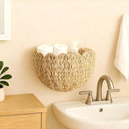 Scalloped Hanging Wicker Baskets for Wall, Scalloped Home Decor, Hanging Woven Rattan Wall Basket for Flowers Front Door Bathroom Storage (Water Hyacinth 1PC)
