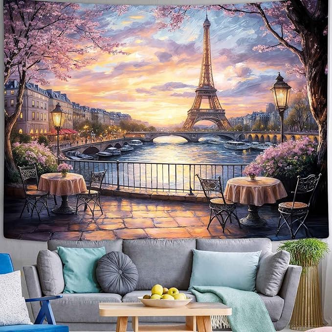 MCKTOM Eiffel Tower Tapestry French Landscape Paris Decor for Bedroom Living Room Dorm 80" X 60" Romantic City Scenery Wall Art Hanging Tapestries Party Decorations