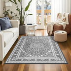 Lessymo 4 x 6 Area Rugs for Living Room- Machine Washable Area Rugs Boho Faux Wool Low Pile Area Rug for Bedroom Floral Medallion Vintage Rugs with Non-Slip Rubber, Grey White