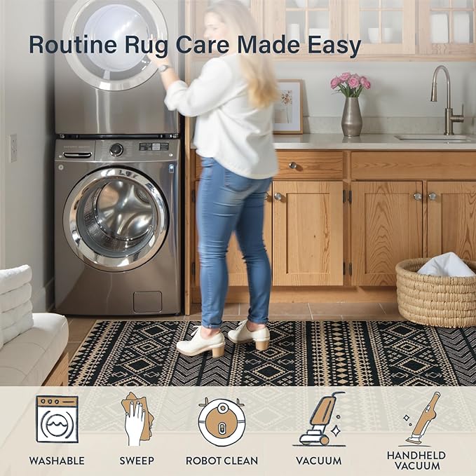 Lahome Easy Jute Boho Runner Rugs for Kitchen, 2x8 Washable Runner Non Slip Stain Resistant, Black Geometric Print Distressed Indoor Outdoor Rug for Laundry Room Hallway Decor