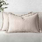 MIULEE Decorative Lumbar Throw Pillow Covers Neutral Linen Fringe Throw Pillows Set of 2 Natural Beige Boho Farmhouse Cushion Covers for Couch Sofa Bed Living Room Spring Home Decor 12x20 Inch