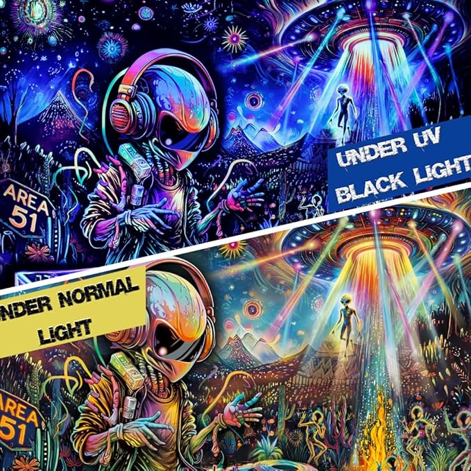 Galoker Blacklight Alien UFO Tapestry Trippy Galaxy Planet Tapestry UV Reactive Funny DJ Music Wall Tapestries Plant Cactus Tapestries Wall Hanging for Home Decor(51.2"x59.1")