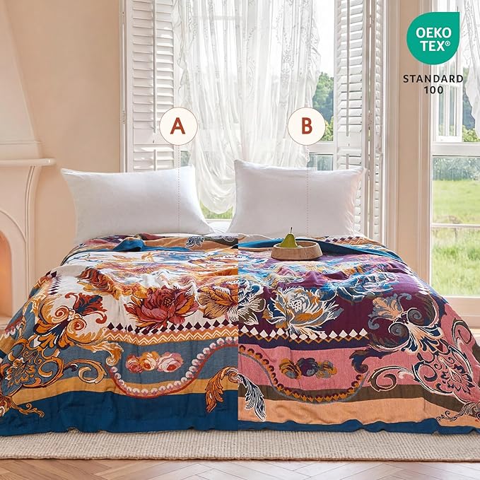 Boho Throw Blanket - 50"x60" 100% Cotton Ultra Soft Lightweight Spring Blanket, 4-Layer Breathable Muslin Blankets for Bed Couch, Reversible Yellow Floral Printed Bohemian Cotton Quilt