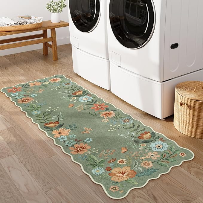 Lahome Floral Washable Runners for Hallways, 2x5 Kitchen Runner Ultra-Thin, Non-Slip Soft Hallway Rug Stain Resistant Boho Low-Pile Carpet for ‎Laundry Bathroom Bedroom Flore (2x5ft,Green)