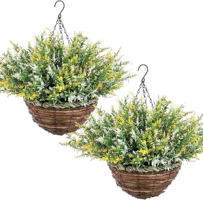 2 Sets Artificial Lavender Flowers with Hanging Basket for Outdoor Indoor Artificial Faux Hanging Flowers Plants Rattan Lining for Porch Garden Yard Spring Summer Decor(White,Yellow)