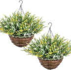 2 Sets Artificial Lavender Flowers with Hanging Basket for Outdoor Indoor Artificial Faux Hanging Flowers Plants Rattan Lining for Porch Garden Yard Spring Summer Decor(White,Yellow)