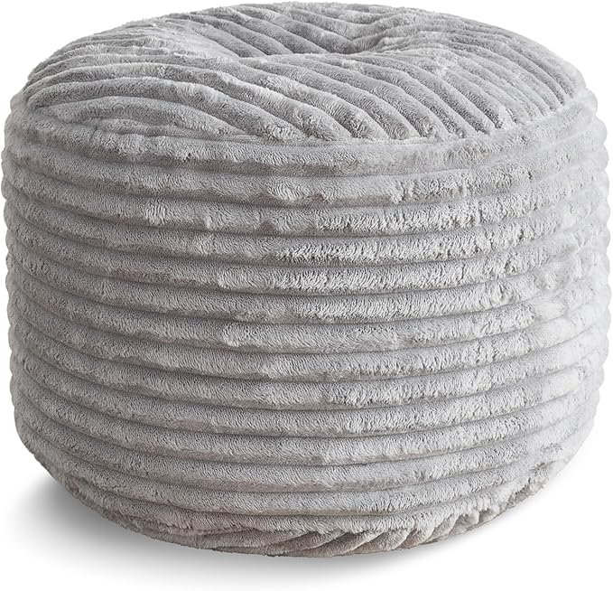 SHOUREN Stuffed Round Pouf Ottoman,Corduroy Foot Rest with Shredded Foam Filling, Lightweight and Fluffy Pouf Storage Ottoman for Living Room,Floor Poufs for Couch,18"x 14", Light Grey