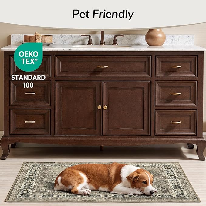 Lessymo Small Area Rugs 2x3 ft, Vintage Brown Machine Washable Rug for Entryway Kitchen Bathroom, Non Slip Low Pile Indoor Door Mat, Distressed Boho Floral Accent Carpet
