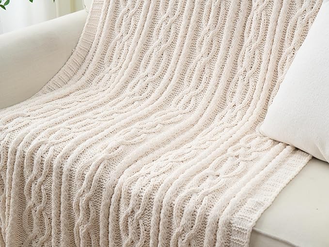 Battilo Cream White Ivory Throw Blanket for Couch, 51x 67 Inch, Woven Chenille Knit Throw Blanket for Chair, Super Soft Warm Decorative Textured Throw Blanket for Bed, Sofa and Living Room.