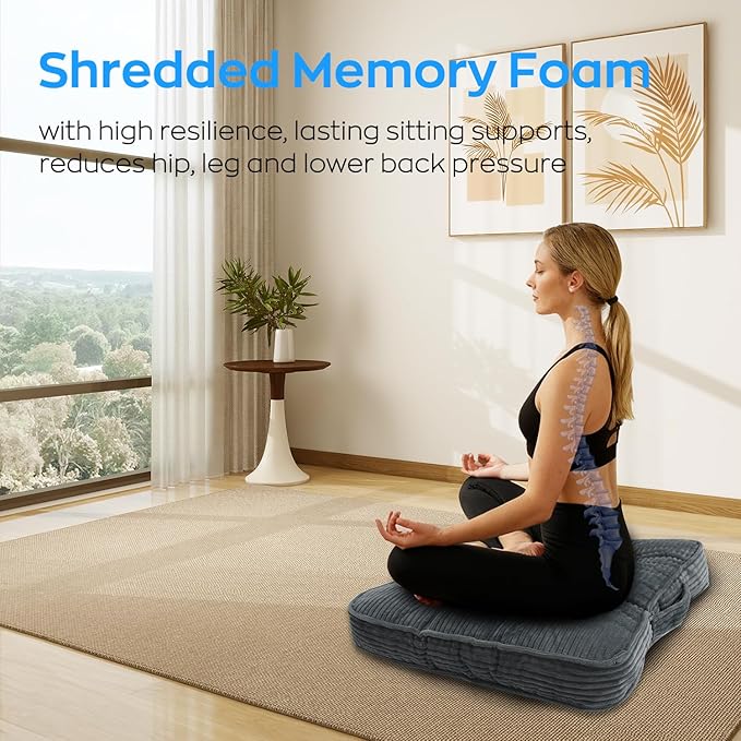 Meditation Floor Pillow Memory Foam Floor Cushions for Adults 22x22+4” Thicken Floor Sitting Large Square Pillows Seating Tufted Corduroy Seat Cushions Machine Washable for Yoga Living Room