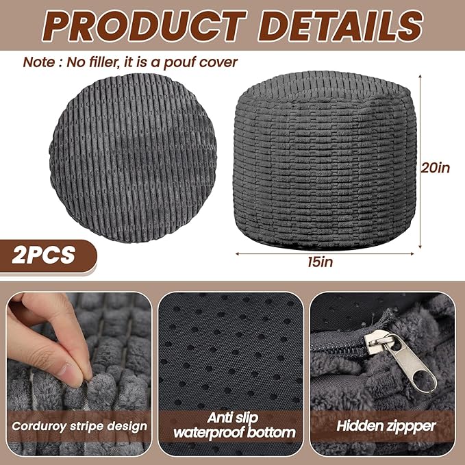 2 Pcs 20 x 15 Inch Unstuffed Ottoman Pouf Cover Corduroy Foot Rest - No Filler, Striped Foot Stool Floor Bean Bag Floor Chair Storage for Modern Farmhouse Bedroom Home Decor(Gray)