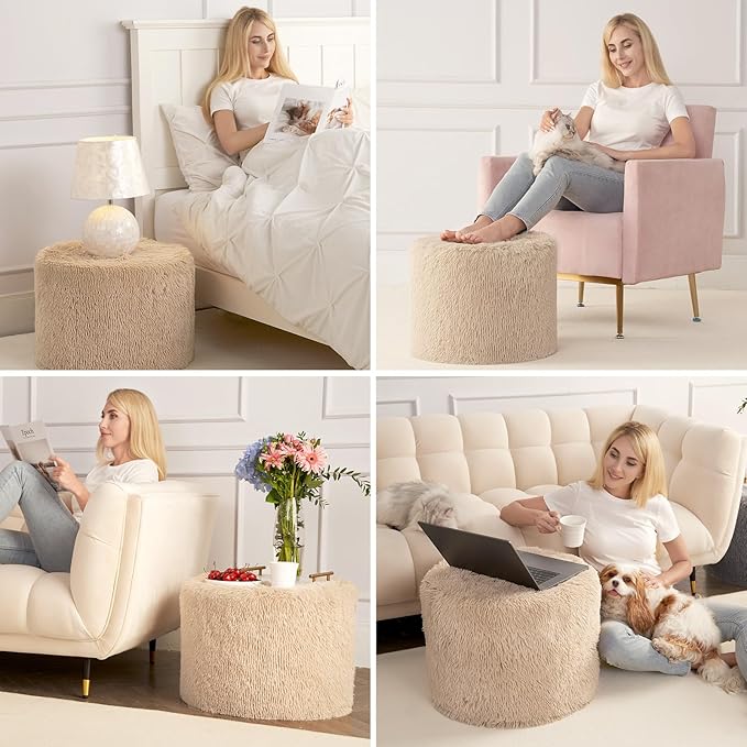 Hansleep Round Pouf Ottoman Foot Rest, 17 x 14 Small Faux Fur Stuffed Pouf for Chair, Foam Filled Foot Stools Ottomans for Living Room, Brown