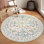 Lahome Sylvie Round Boho Floral Rugs 4ft, Cream Washable Circle Rugs for Bedroom Nursery, Vintage Beige Circular Carpet, Soft Non-Slip Carpet for Kids Room Playroom Calm Corner, Beige