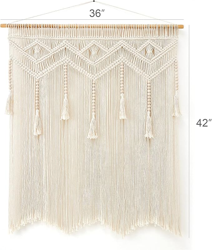 Mkono Macrame Wall Hanging Large Boho Decor Woven Wall Tapestry Chic Art Tassel Christmas Decoration for Backdrop over Bed Bedroom Nursery Dorm Classroom, Including Hanging Rod, 33''W x 42''H