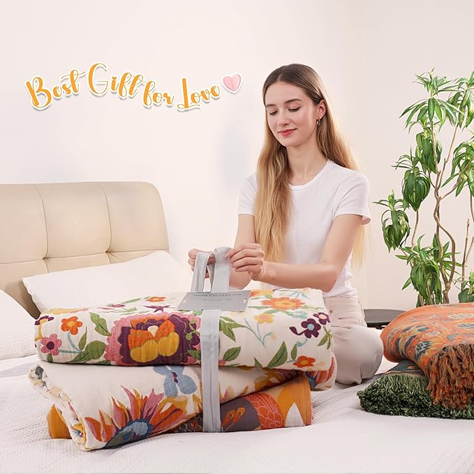 Boho Throw Blanket, 100% Organic Muslin Cotton Skin-friendly Breathable Ultra Soft Bed Quilt Throw - All Season Bohemian Decor Luxury Colorful Blanket for Sofa Couch Chair and Gift. 91" x 98"