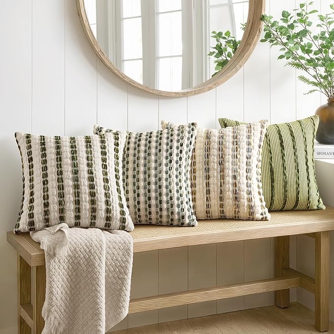 ANRODUO Boho Woven Chenille Pillow Covers 18x18 Inch Set of 2 Soft Textured Decorative Cushion Case with Striped Farmhouse Accent Neutral Pillowcase for Couch Sofa Bed Living Room Decor, Olive Stripe