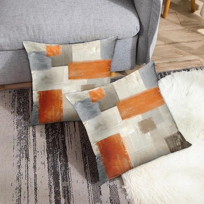 Emvency Set of 2 Orange Beige and Grey Throw Pillow Covers Modern Abstract Painting Decorative Pillow Cases Home Decor Standard Square 20x20 Inches Pillowcases