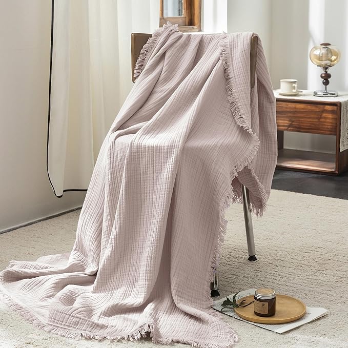 FOSSA Muslin Blanket with Fringe - 4-Layer 100% Cotton Gauze Super Soft & Breathable Throw -Lightweight Decorative Cooling Blanket for Bed, Sofa, Office (Greyish Pink, Twin XL (66" × 90"))