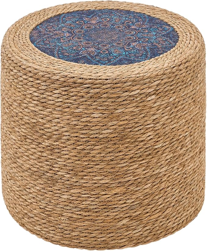 Wimarsbon 18'' Ottoman Pouf, Natural Braided Poof, Rustic Handweave Lounge Pouffe, Boho Footrest Stool for Bedroom, Accent Table for Living Room (18inch Natural Cattail-Boho Style 3)