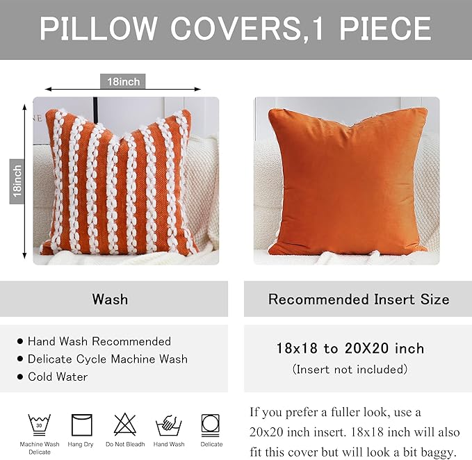 18x18 Boho Pillow Cover-Chenille Tufted Decorative Throw Pillow Cover Soft Velvet Backing, Farmhouse Striped Square Pillow Case for Sofa, Couch, Bedroom, Living Room, Orange-White Stripe