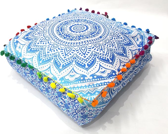 CRAFT KALA 16" Square Large Hippie Mandala Meditation Floor Ottoman Pillow Cushion Pouf Cover Square Poufs Bohemian Circle Floor Cushion Case Outdoor Fireplace Yoga Living Room Decor Cover Blue Ombre