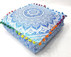 CRAFT KALA 16" Square Large Hippie Mandala Meditation Floor Ottoman Pillow Cushion Pouf Cover Square Poufs Bohemian Circle Floor Cushion Case Outdoor Fireplace Yoga Living Room Decor Cover Blue Ombre
