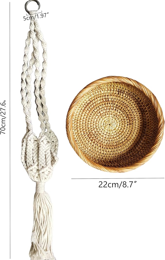 Boho Hanging Rattan Basket - 8.7” Woven Plant Hanger for Dried Flowers & Greenery - Decorative Macrame Wall Basket for Indoor Home Decor - Handmade Wicker Storage for Farmhouse, Living Room