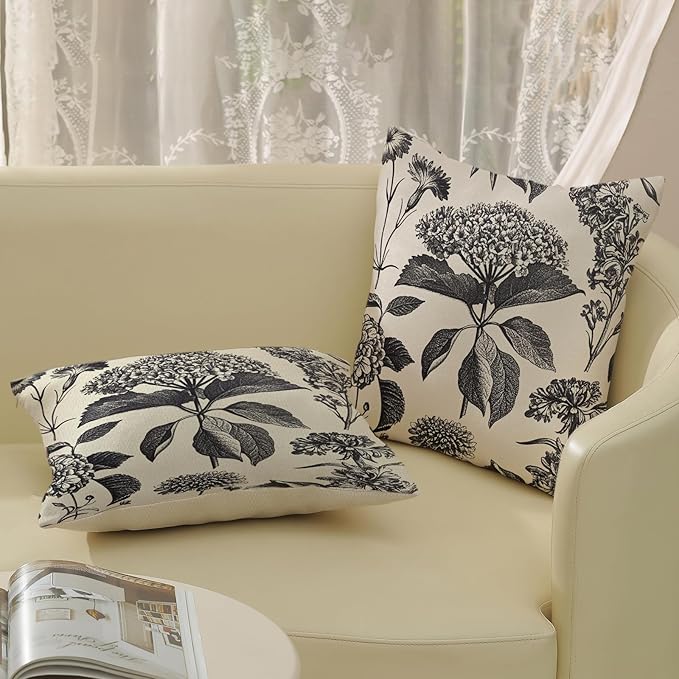 Black Pillow Covers 16x16 Set of 2 Vintage Boho Floral Hydrangea Herbs Botanical Throw Pillow Cover Outdoor Flower Decoration Pillowcase Linen Farmhouse Cushion Case Decorative for Couch Sofa