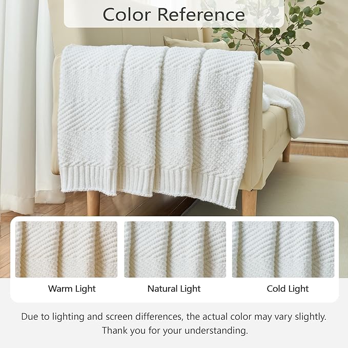 Knitted Throw Blanket 50"X60", White Knit Throws for Bed, Super Soft Boho Chevron Blankets for Couch Sofa Chair Room Decor, Textured Decorative Farmhouse Cozy Lightweight