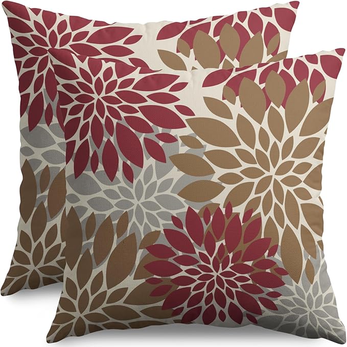 Brown Red Pillow Covers 16X16 Inch Set of 2, Dahlia Flower Spring Summer Floral Cream Decorative Throw Pillow Covers Outdoor Modern Farmhouse Cushion Case for Home Couch Sofa Bed Decor