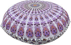 Mandala Floor Pillow Cushion Seating Throw Cover Hippie Decorative Bohemian Ottoman Poufs, Pom Pom Pillow Cases,Boho Indian (32 Inches, Purple White)