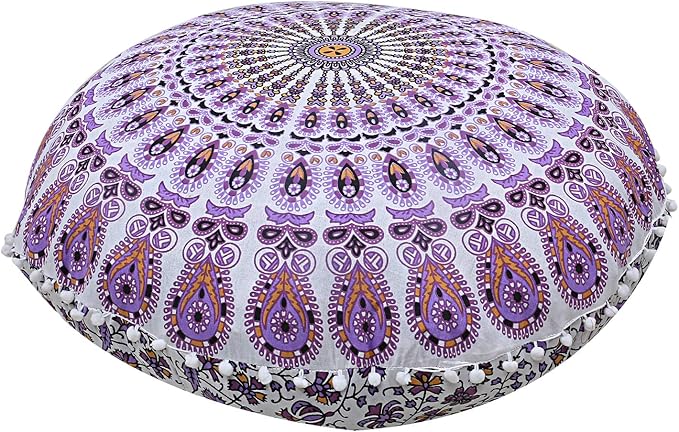 Mandala Floor Pillow Cushion Seating Throw Cover Hippie Decorative Bohemian Ottoman Poufs, Pom Pom Pillow Cases,Boho Indian (32 Inches, Purple White)