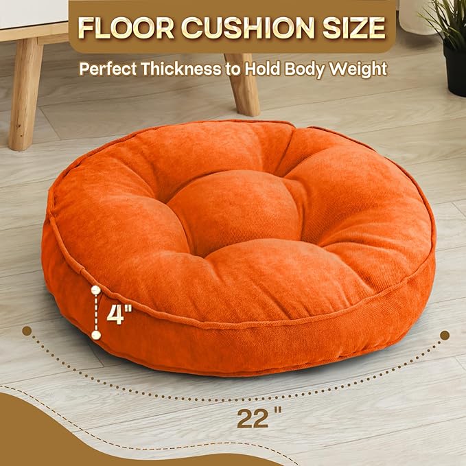 Floor Pillow Set of 2, Memory Foam Floor Cushions for Adults, Large Meditation Pillow for Sitting, 22 x 22 Inches (Round | Orange)