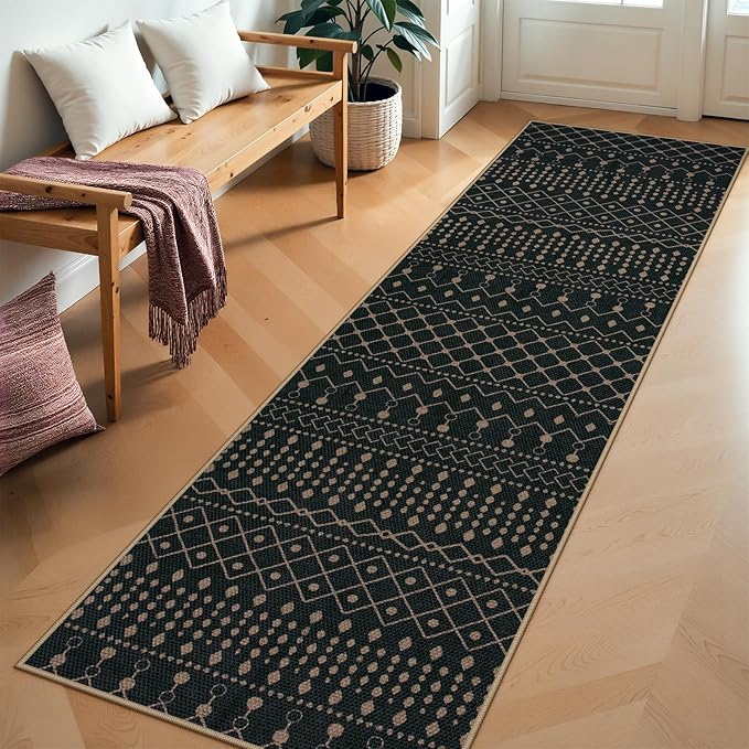 Lahome Moroccan Easy Jute Washable Runner Rug, 2x8 Non Slip Kitchen Runner Rug, Black Geometric Print Distressed Inside Entryway Runners for Hallways Laundry Room Foyer