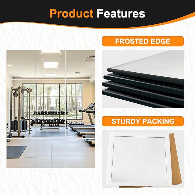 Delma Home Gym Mirrors, 12'' x 12'' Glass Mirror Tiles (12 PCS), Square Large Wall Mirror for Home Gym, Bedroom, Door,Bathroom, Frameless Mirror Sets