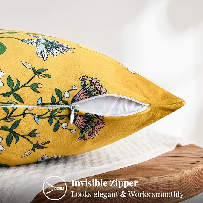 Mustard Yellow Floral Pillow Covers 12x20 Set of 2, Velvet Wild Flower Plant Throw Pillows Case, Square Farmhouse Decor Cushion Covers for Home Sofa Bed Couch