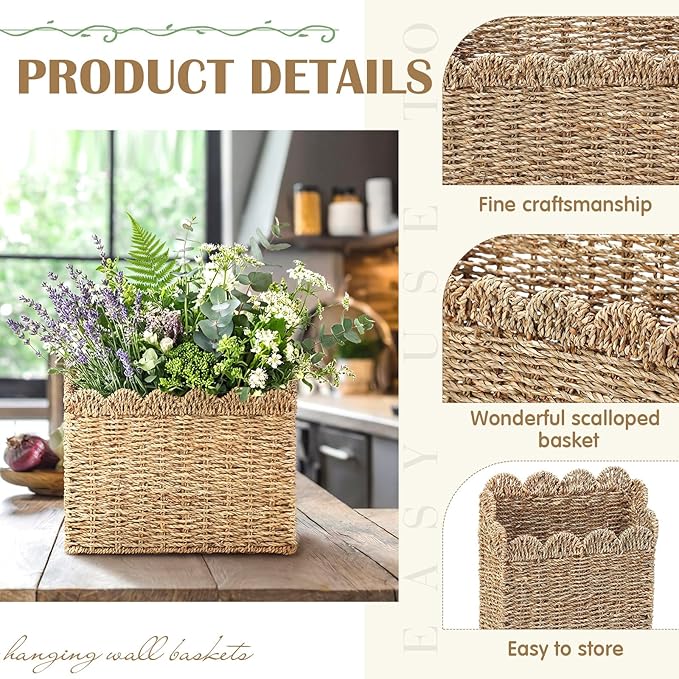 2 Pack Scalloped Seagrass Basket for Organizing Woven Wall Baskets for Front Door Mail Flowers Books Accessories Boho Rustic Farmhouse Wall Decor
