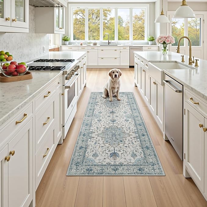 Area Rugs 2'6''x5' Runner Rug Non Slip Washable for Kitchen Hallway Bedroom Beside Laundry Room Bathroom Rug, Floor Carpet, Light Blue Navy Beige Gray White
