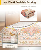 Area Rugs 4'x6' Washable Non-Slip, Floral Vintage Distress Print Pattern Medallion Carpet for Living Room Bedroom Dining Room, Light Pink Colorful