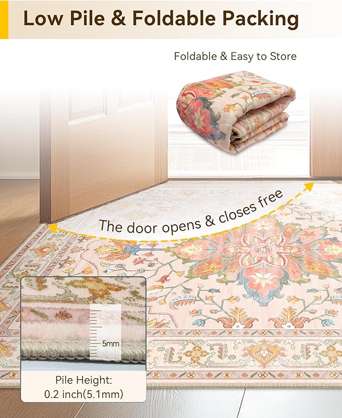 Area Rugs 2'x10' Runner Rug Non Slip Washable for Kitchen Hallway Bedroom Beside Laundry Room Bathroom Rug, Floor Carpet, Light Pink Colorful